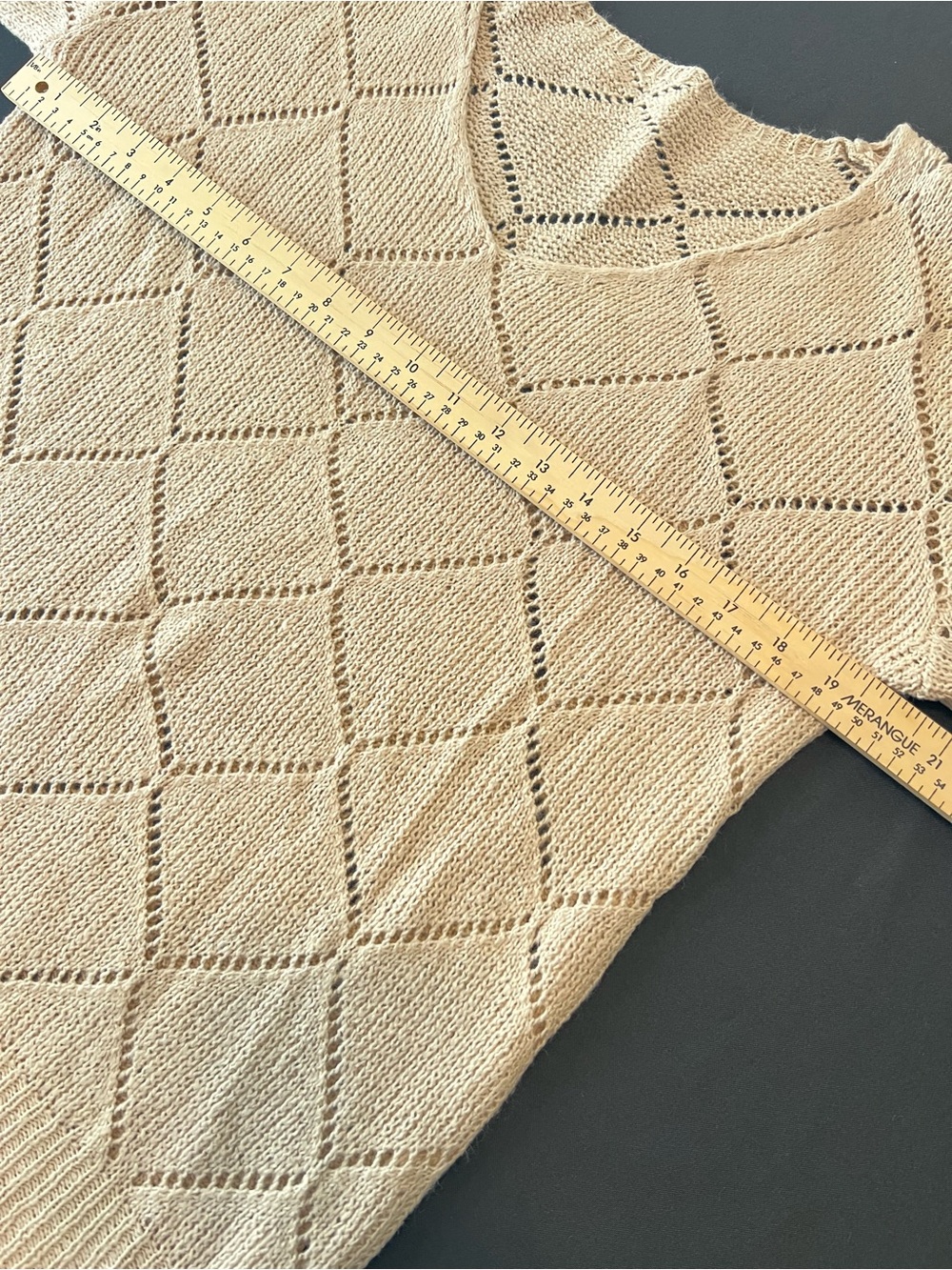 V-Neck Open Diamond Knit Light Sweater Beige Khaki Medium - Picture 4 of 7
